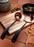 Set of two Hand forged stainless steel and copper cooking utensils. Soup ladle and slotted spoon 