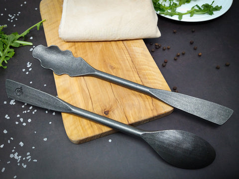 Hand forged black stainless steel salad utensils